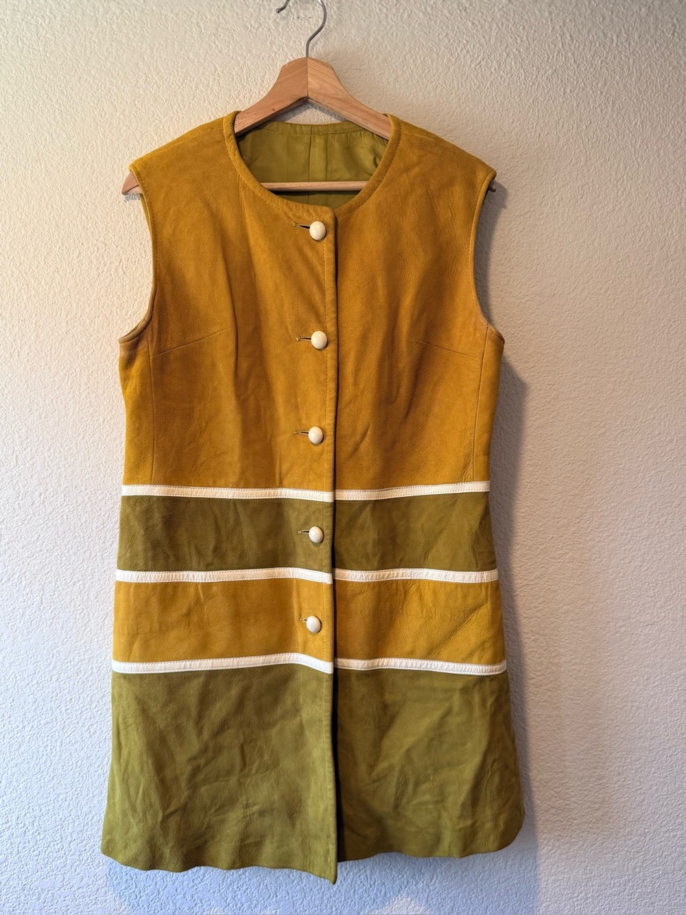 VINTAGE Real Suede Mod Sleeveless Two-Tone Bold Striped Vest w/ Wooden Buttons